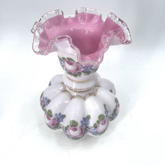 Vintage Fenton Hand Painted Ruffle Rim Charleton Peach Crest Melon Vase - Picture 2 of 8